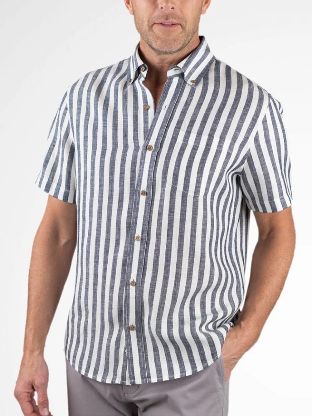 Tailor Vintage Linen Blend Navy Stripe Puretec Cool Short Sleeve Shirt XL NWT
